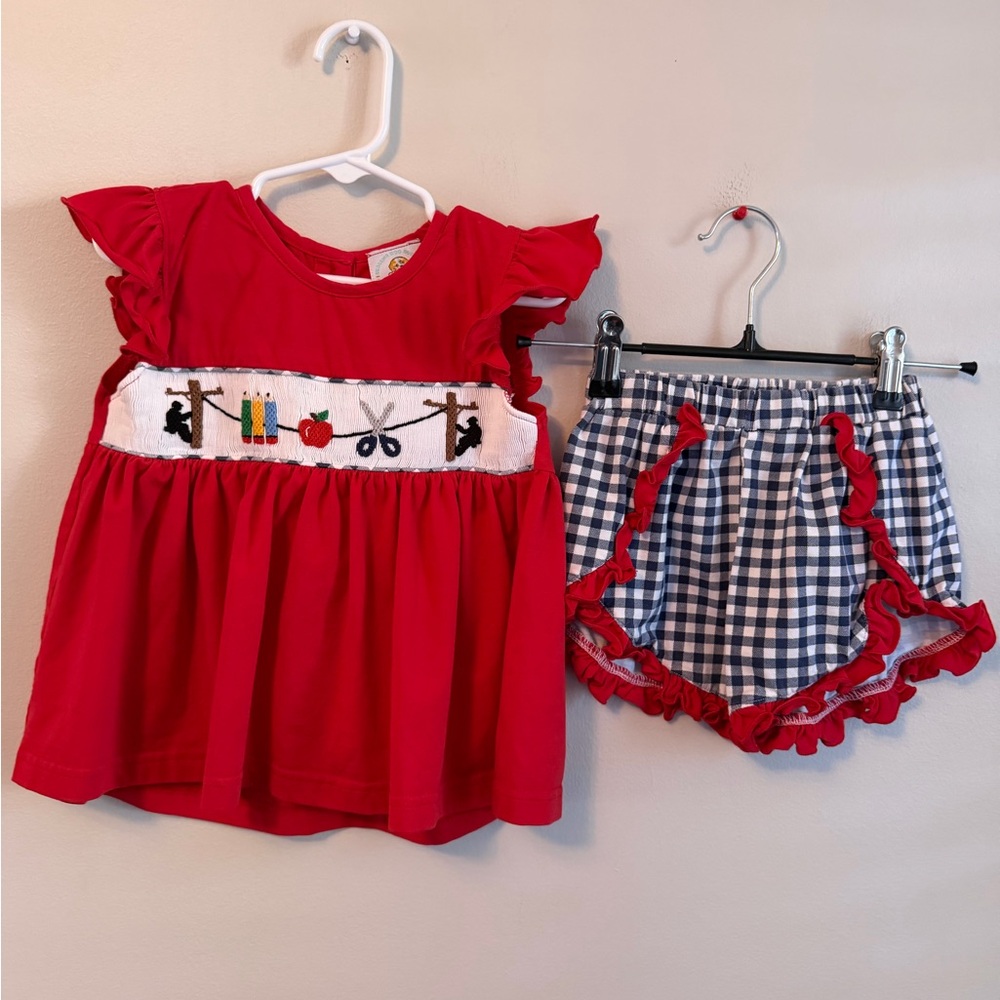Smocking Dog Smocked School Supplies Red Ruffle Top and Gingham Shorts Set